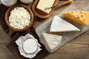 Dairy products on wooden table