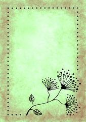 Hand drawn textured floral background.Card with flowers, leaves and brushstrokes.Template for letter or greeting card.Series of Watercolor,Pastel, Backgrounds and Cards,Blanks,Templates.A4 size format