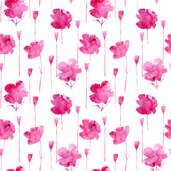 Poppy flowers from watery stains.Floral seamless pattern.Watercolor hand drawn illustration.White background.