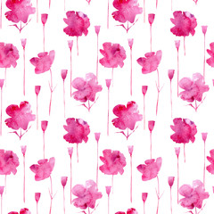 Poppy flowers from watery stains.Floral seamless pattern.Watercolor hand drawn illustration.White background.