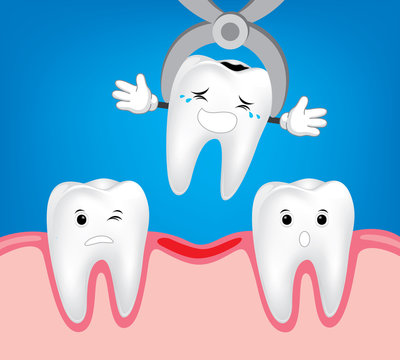 Teeth treatment and care.  Illustrations for children dentistry and kids about toothache, care and treatment. Tooth dental extraction, removal of tooth.