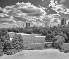 Black and white photo of Central Park in New York City, USA.