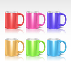 Color realistic ceramic coffee, tea mugs vector set. Colored mugs with handle, collection of mugs illustration