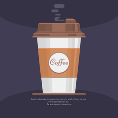 Disposable takeaway paper coffee cup in flat vector style. Coffee in paper cup and beverage latte or coffee takeaway illustration