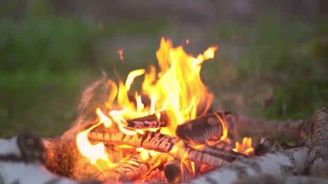 Close-up of small campfire burning in slow motion in summer evening, shot on Sony NEX 700