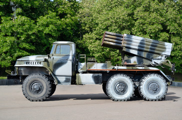 Russian Combat Rocket Launch Vehicle BM-21 Hail (“Grad”) that has been captured by Ukrainian troops in Donbass war in 2015.