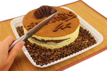 Tiramisu cake is surrounded coffee beans.