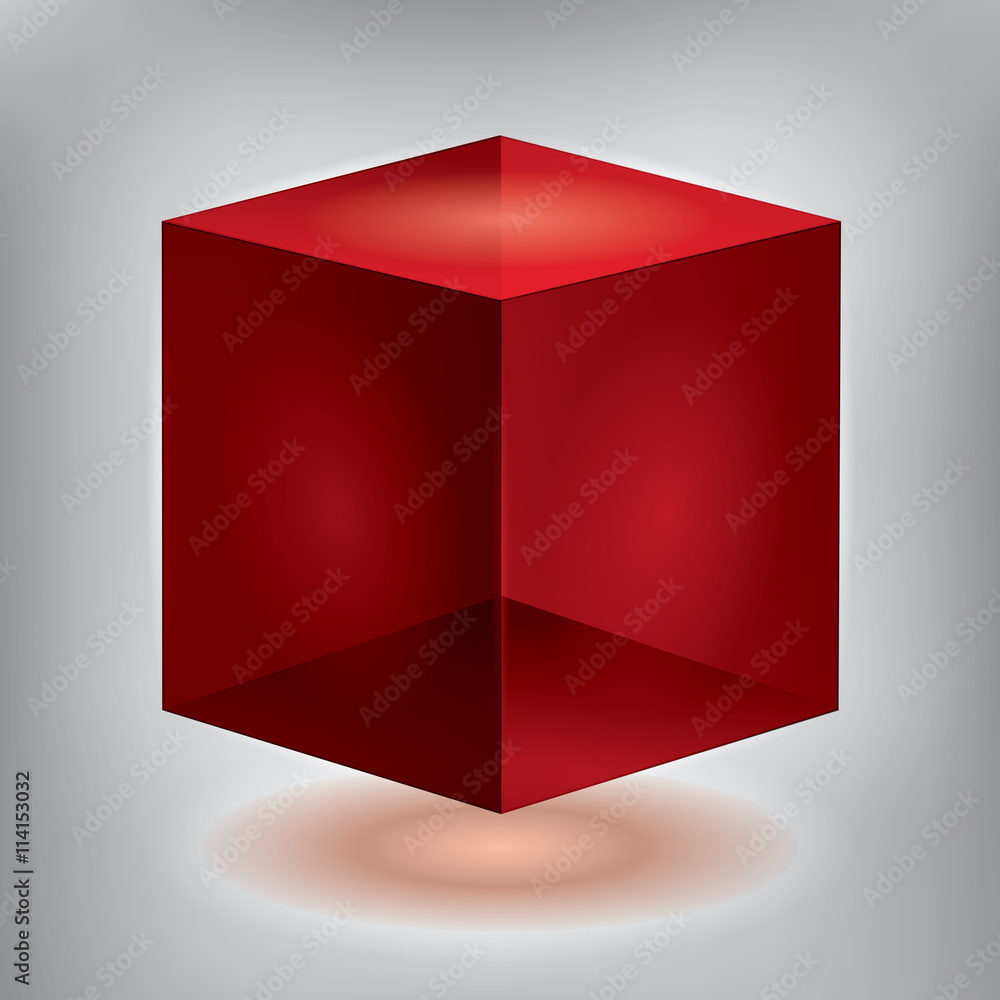 Poster vector reflection red cube, transparent object, graphic abstraction design