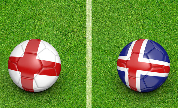 Team balls for England vs Iceland football tournament match, 3D rendering