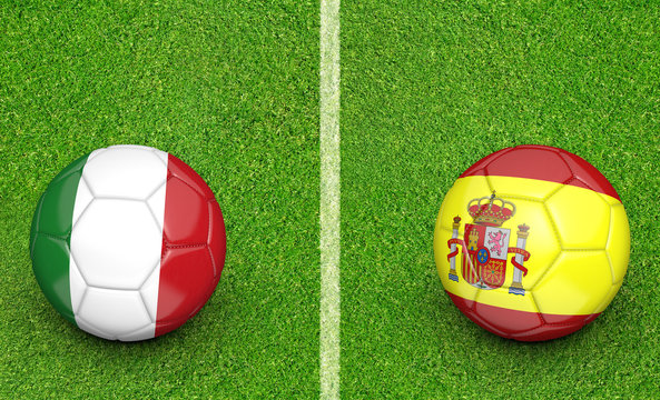 Team balls for Italy vs Spain football tournament match, 3D rendering