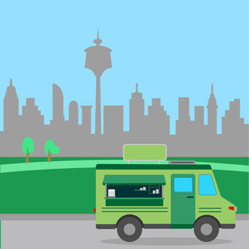 Street food truck vector illustration, food caravan. Green food mobile van store with city background