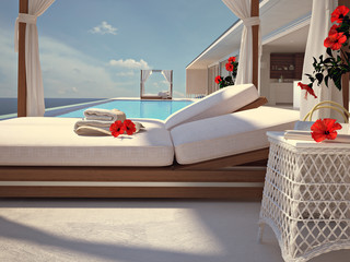 luxury swimming pool with hibiscus flower. color edit. 3d rendering © Walkingdots