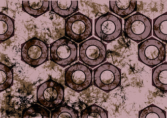 Fototapeta na wymiar Hand drawn background with tools in violet colors. Abstract grunge banner with screw nuts. Old texture with cracks and attrition