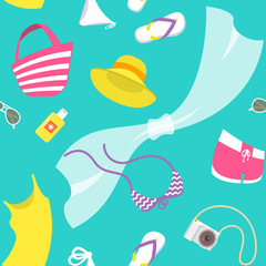Stoffe zum Nähen Sommerurlaub weibliche Vektor flachen Stil nahtlose Hintergrundmuster. Frauen lässige Sommerkleidung und Strandaccessoires auf blauem Hintergrund verstreut. Sommerferien Packpapier Design.