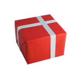 Red paper wrap gray cross ribbon gift box present christmas birthday isolated white background