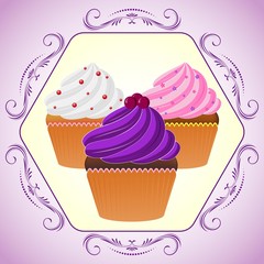Vector illustration. Bright Cupcakes Set in fancy frame
