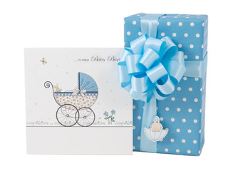 Polka dot newborn boy paper wrap blue ribbon bow gift box present greeting card birth isolated