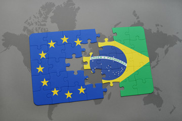 puzzle with the national flag of brazil and european union on a world map