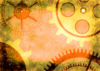 Hand drawn background with gear wheel in brown and yellow colors. Abstract grunge background with mechanism of watch. Series of Drawn Grunge, Oil, Pastel, Chalk and Inc Backgrounds.