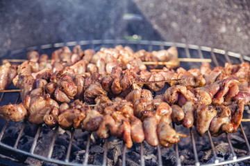 meat kebab skewers on the grill, chicken hearts,