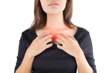 Woman scratching her itchy neck, isolate on white background