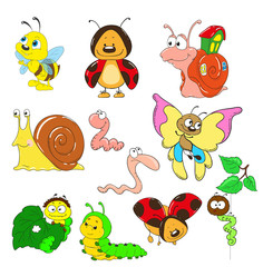 Cartoon collection of characters. Snail, caterpillar, worm, beetle, ladybug, bee.