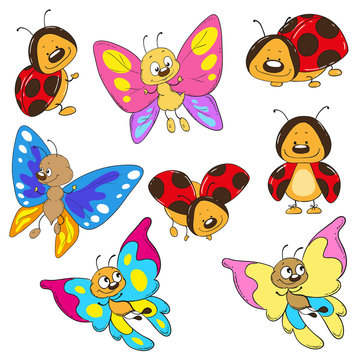 Set butterflies and ladybugs. Cartoon insect vector