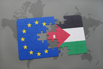 puzzle with the national flag of jordan and european union on a world map