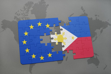 puzzle with the national flag of philippines and european union on a world map