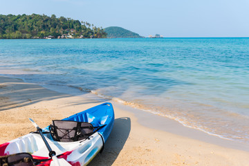 The empty kayak on the beach. Selective Focus.