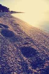 Closeup of footprints on the sandy beach at sunset, ground level view. Image filtered in faded, retro, Instagram style with red filter and lens flare; nostalgic, vintage concept of summer holidays. - 114159466