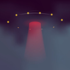 UFO with red light beam. Vector alien flying saucer on dark abstract background.