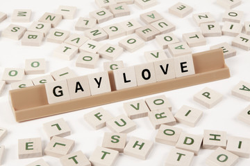 Gay Love- Diritti gay, lesbiche e trans scritti con tessere di legno. 