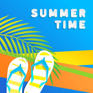 Flip flops in summer time, advertisement for vacation. Best to use as picture on brochure, posters, web or to promote clothing and summer activity gears. Vector illustration.