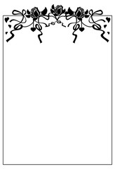 Vertical black and white frame with roses silhouettes. Vector clip art.