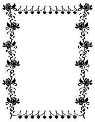 Vertical black and white frame with roses silhouettes. Vector clip art.
