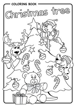 Elf, reindeer and dog decorate the Christmas tree with stars, bulbs and candy bars - Coloring draw. Vector image
