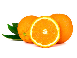Orange fruit with leaf isolated on white background