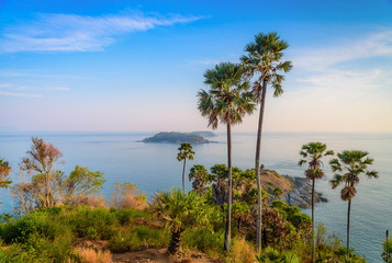 Fototapeta na wymiar Phromthep cape viewpoint with blue sky in Phuket,Thailand