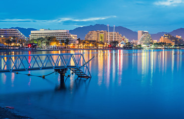 Nocturnal view on the central beach of Eilat - famous resort city in Israel 