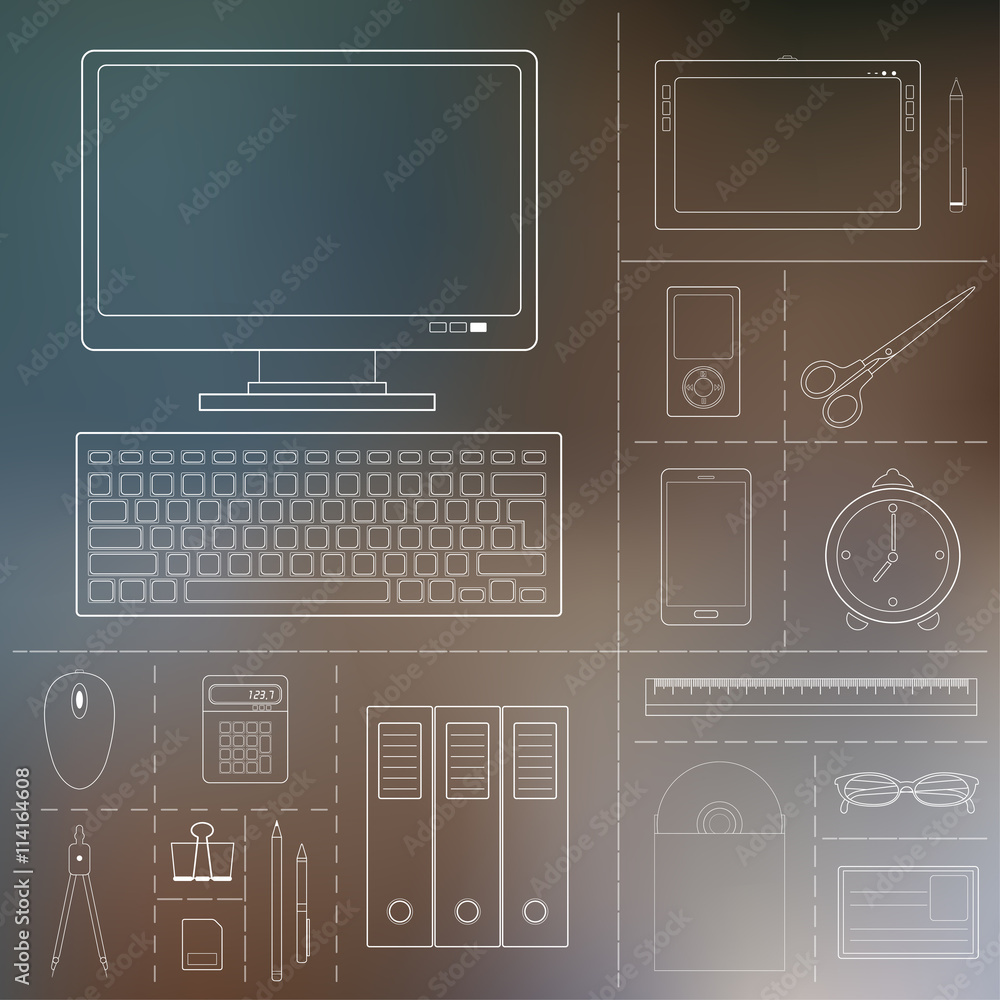 Poster computer device, office objects and business working elements