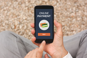 Hands holding smart phone with online payment concept on screen. All screen content is designed by me