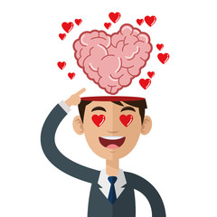 person with open head and heart shaped brain coming out