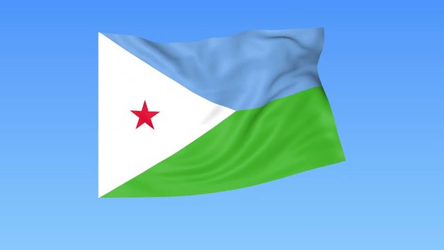 Waving flag of Djibouti, seamless loop. Exact size, blue background. Part of all countries set. 4K ProRes with alpha.