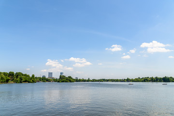 Bucharest Skyline View In Herastrau Park Lake