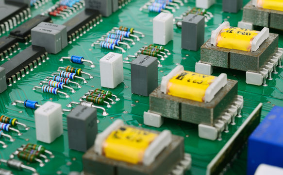 Detail of an electronic printed circuit board with many electric