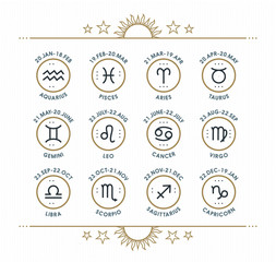 Zodiac icon collection. Sacred symbols set. Vintage style design elements of horoscope and astrology purpose. Thin line signs isolated on bright dotted background. Vector collection.