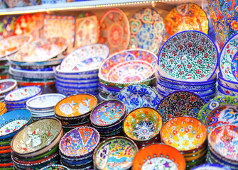 Colorful various ceramics on turkish bazaar.