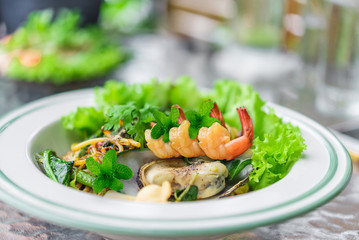 Thai food style, Hot and Spicy Seafood Pasta - Spaghetti with cl