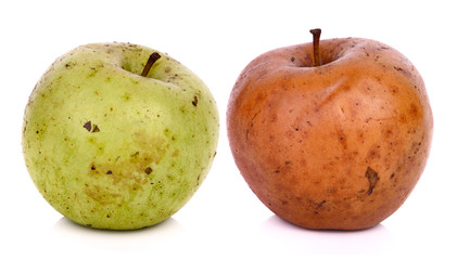 rotten green and red apple and dirty on white background